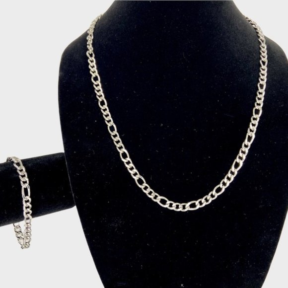14K White Gold Plated Figaro 8mm Link Chain Necklace Bracelet Set - Picture 1 of 8